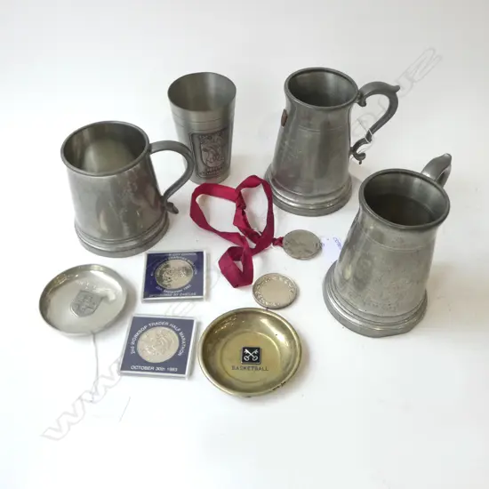 3 MARATHON MEDALIONS, ARMY ATHETIC MEDALION, 2 SPORTS DISHES, 3 PEWTER TANKERDS & CUP (10)