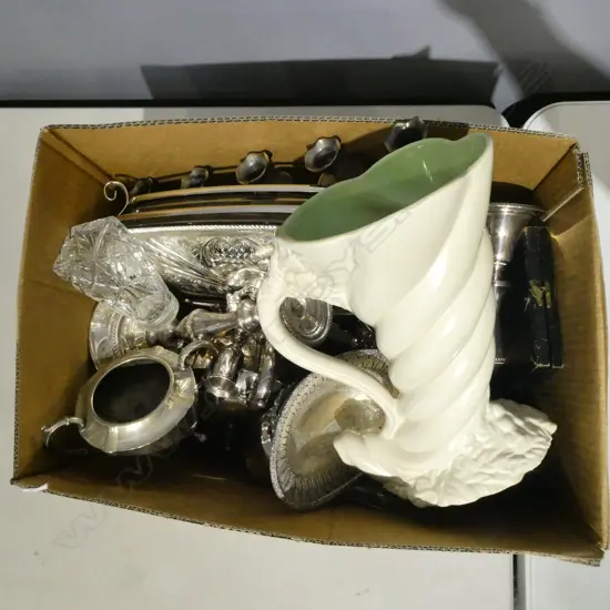 ASST. SILVER PLATE, CANDLESTICKS + CLARICE CLIFF JUG (CHIPS)