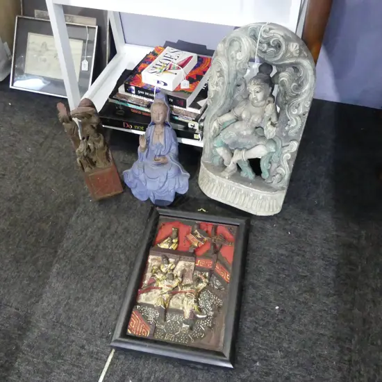 4 ORIENTAL PCES; 3 CARVED WOODEN H.480mm + CERAMIC TARA BUDDHA