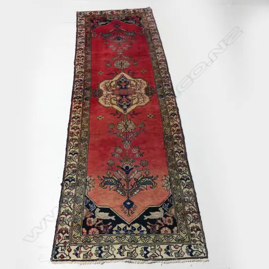HAND KNOTTED WOOL ON COTTON HAMADAN RUNNER, SOME FADING & BLEED, 2780 X 930mm