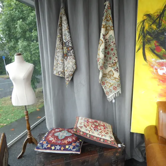 2 HAND EMBROIDED WALL RUGS & 2 HAND EMBROIDED CUSHIONS