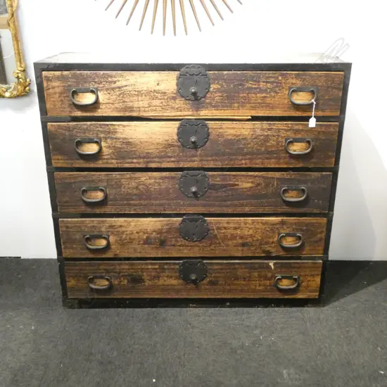 VINTAGE JAPANESE 19thC TANSU CHEST 5 DRAWER BLACK LACQUER 1145 X 410 X 1050mm