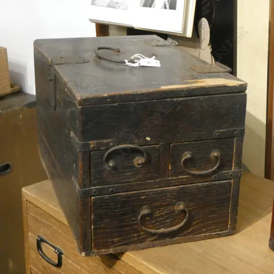 VINTAGE JAPANESE SMALL SAFE BOX W 3 drawers + hinged top L.305mm