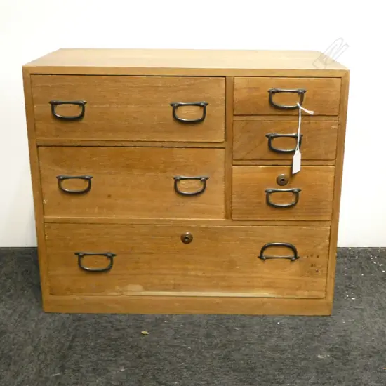 VINTAGE JAPANESE PALE WOOD 6 DRAWER SMALL TANSU COLLECTOR'S CABINET W.440mm