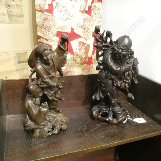 2 ORIENTAL CARVED WOODEN FIGURES H.280mm AF