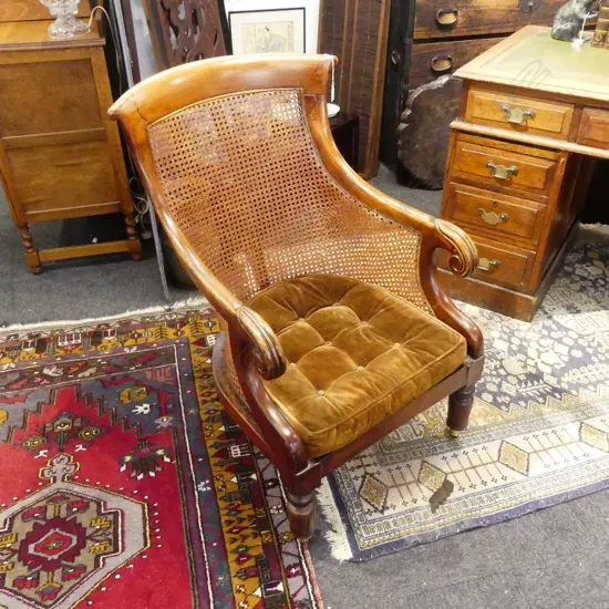 WILLIAM IV ANTIQUE CANED BACK CHAIR ON CASTORS BUTTONED CUSHION (repair to back)