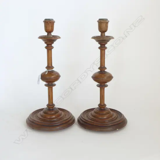 PR VINTAGE TURNED OAK CANDLESTICKS H.375mm, 175mm dia weighted lead bases