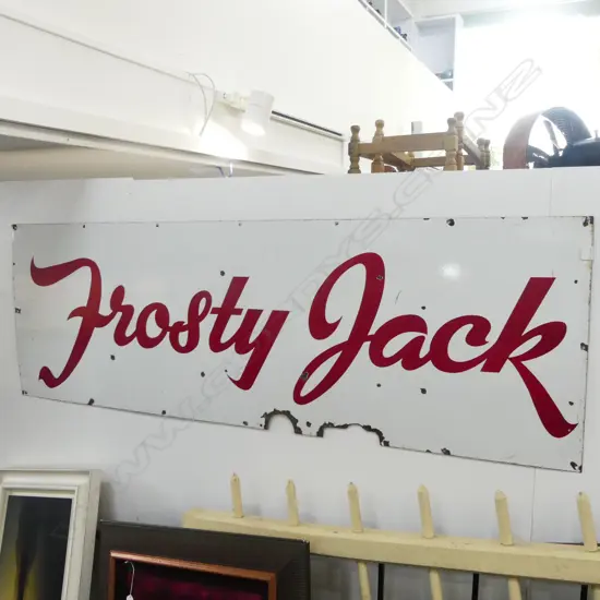 Vintage large Frosty Jack enamel-on-steel sign 1820mm x 610mm with two cut-outs
