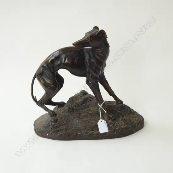BRONZE GEYHOUND FIGURE AFTER JEAN-FRANCOIS THEODORE GECHTER; ON BRASS BASE, W.350mm