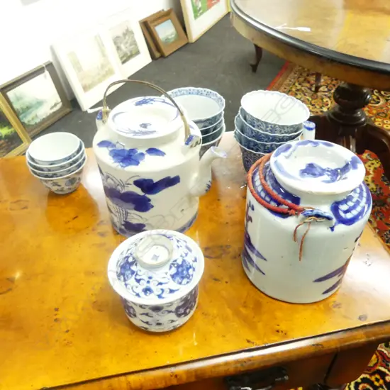 2 B/W ORIENTAL TEA POTS + LIDDED CONTAINER & 12 TEA BOWLS (minor chips)