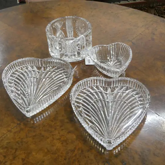 4 PCES WATERFORD CRYSTAL; 3 HEART SHAPED DISHES H.190mm + BOWL H.80mm, 135mm dia