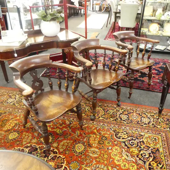 3 ENGLISH TURNED WOOD TUB PUB CHAIRS ON CASTERS