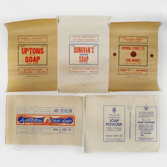 5 OLD ADVERTISING SHEETS/POSTERS 4 x soap: Matchless + Boys Scouts + 'Uptons'. & Reporoa Stores 440 x 300mm approx