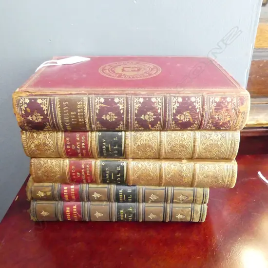 5 ANTIQUE BOOKS; MODERN PAINTERS, LANDS OF THE SLAVE AND THE FREE, MACAULAYS LIFE LETTERS