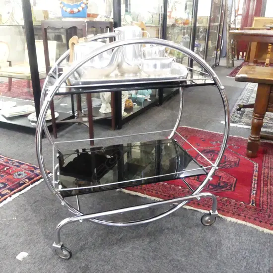 DECO CHROME & BLACK GLASS DRINKS TROLLEY W.665mm