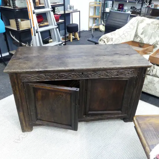 ANTIQUE OAK COFFER CONVERTED INTO A CUPBOARD 1255x590x700mm