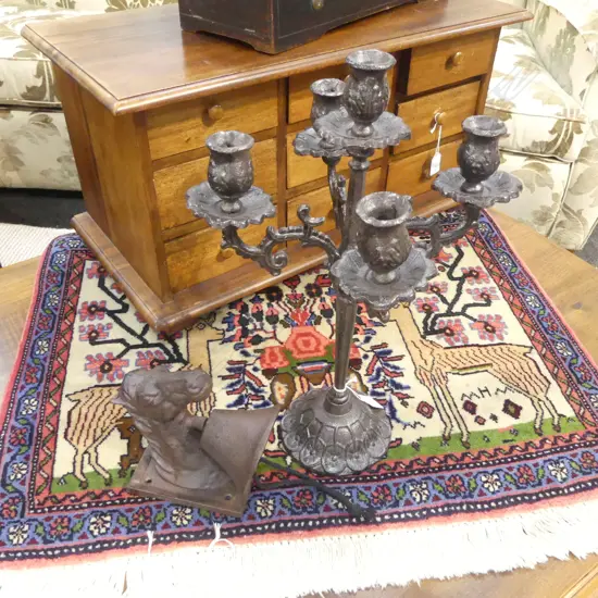 CAST IRON CANDELABRA H.425mm & HORSE BELL