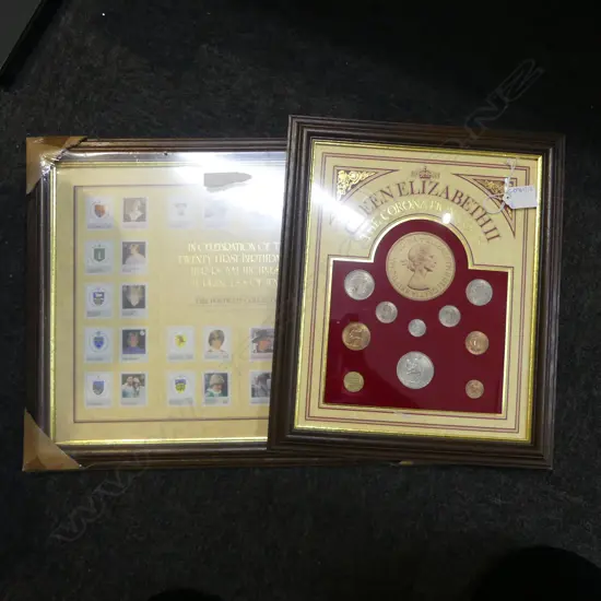 2 FRAMED SETS; QEII CORONATION COINS, DIANA 21st BDAY STAMPS