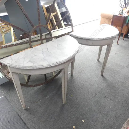 PR RUSTIC DEMI LUNE TABLES w. FAUX MARBLE TOPS 975x465x750mm