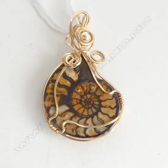 14ct GOLD FILL WIRE WRAPPED AMMONITE FOSSIL PENDANT