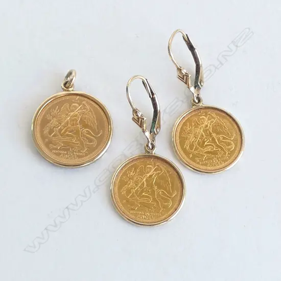 PR 22CT EARRINGS & PENDANT; 1986 ISLE OF MAN 1/20 ARCHANGEL MICHAEL IN 9CT FINDINGS 7.8grms