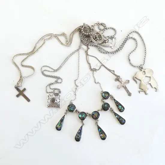 5 SILVER NECKLACES Incl. 2 STG SILVER CROSS & SILVER N.Z. PAUA etc