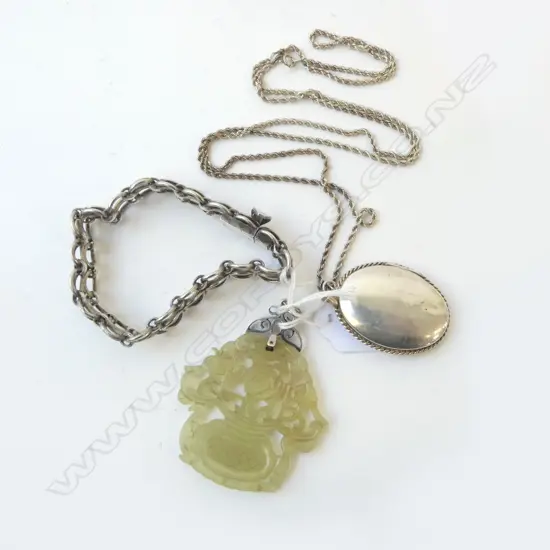 SILVER STAMPED CHAIN LINK BRACELET, VKS LTD STG SILVER ENGRAVED LOCKET ON STG CHAIN + ORIENTAL PENDANT (58gms OF SILVER)