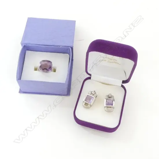 S/SILVER AMETHYST RING SIZE O & S/SILVER AMETHYST EARRINGS