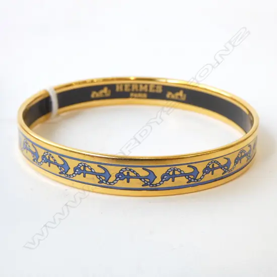 Vintage 1990's Hermes gold plate & Blue Anchor Bangle. Boxed. Blue repeating anchor & rope pattern size 6cm inside diam