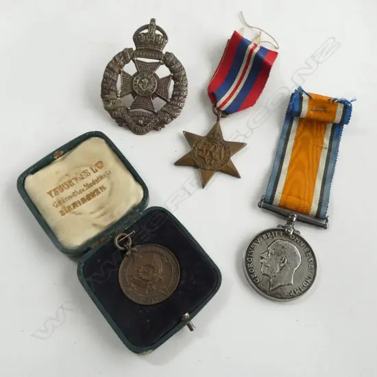 WWI SERVICE MEDAL, WWII FRANCE GERMANY STAR, RIFLE BRIGADE CAP BADGE, ALDERSHOT ATH. ASSN RIFLE GRENADE FIRING MEDAL 