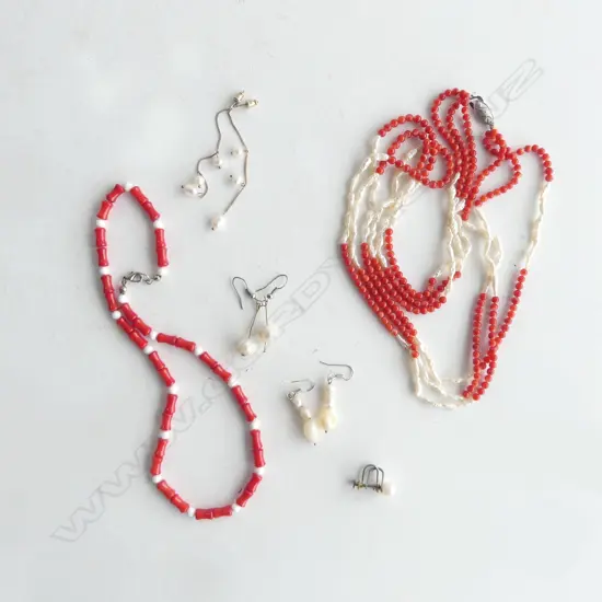2 CORAL BEAD NECKLACES + 4 PRS PEARL EARRINGS