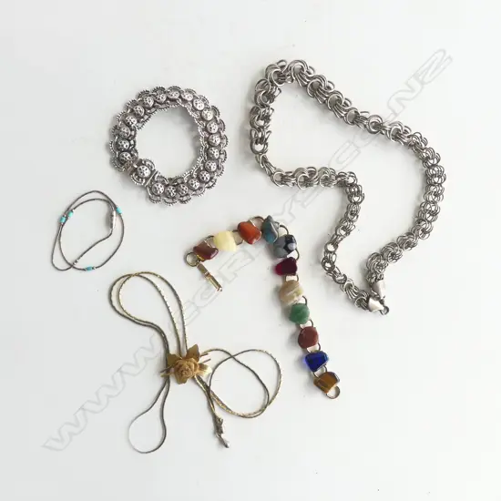 3 PC SILVER/ S.PLATE, VINTAGE ROSE LARIAT & SEMI PRECIOUS STONE BRACELET