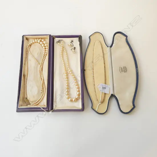 3 PEARL NECKLACES (2 COSTUME 1 AF) + PR EARRINGS, CASED