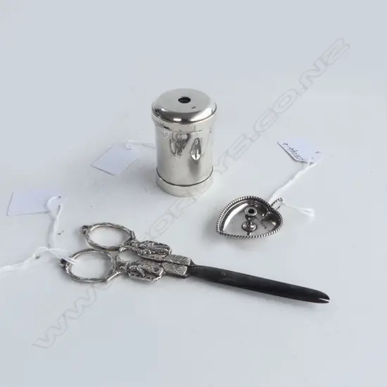3 PCS SILVER; MINIATURE HEART SHAPED C/STICK, BIRM. 1887, CONTINENTAL SISSORS & MOD. PENCIL SHARPENER stamped, 111gm