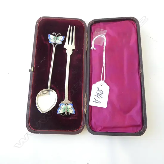 CASED STG SILVER & ENAMEL BUTTERFLY FORK & SPOON 28gms