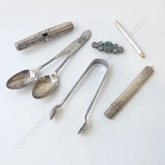 6 PCES STG SILVER INCL. PAPER KNIFE & CORKSCREW + MICRO MOSAIC BROOCH