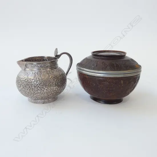 BURMESE / INDIAN SILVER? JUG 125grms + ORIENTAL LIDDED CONTAINER