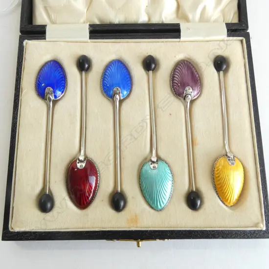 6 CASED STG SILVER & ENAMEL SPOONS, BARKER BROTHERS SILVER Ltd, BIRMINGHAM 1930, TOTAL WEIGHT 47gms