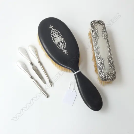 STG SILVER CLOTHES BRUSH, EBONY & STG BRUSH, & 3 STG MANICURE ITEMS LONDON 1908 ETC 