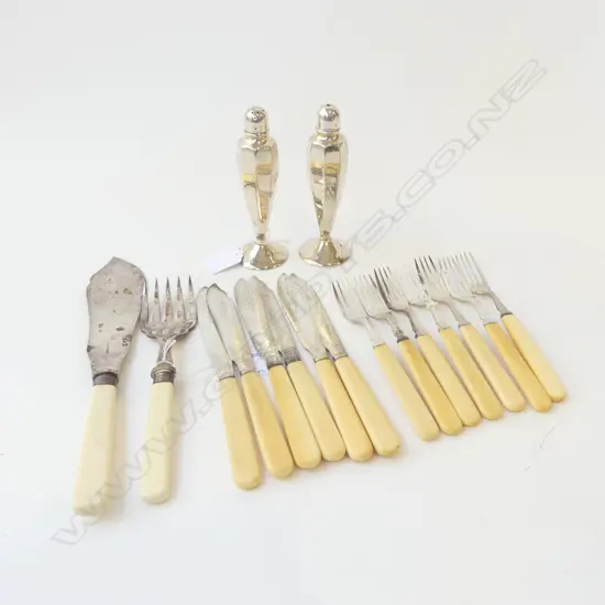 12 IVORINE 'BONE' HANDLED KNIVES & FORKS + FISH SET & 2 EP CASTERS