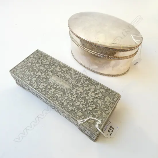 SHEFFIELD PLATE OVAL CASKET L180 & EMBOSSED JEWELLERY BOX L230MM