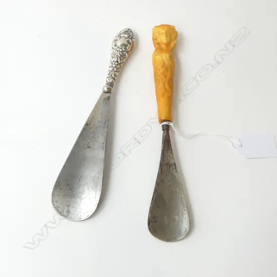 TWO SHOEHORNS - STG SILVER & FIGURAL ART NOUVEAU BIRMINGHAM 1913, L.190-200MM