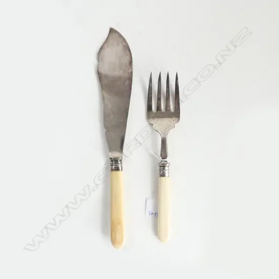 SILVER PLATE FISH SERVERS w. STG SILVER COLLARS (1909 & 12) w. IVORY HANDLES 