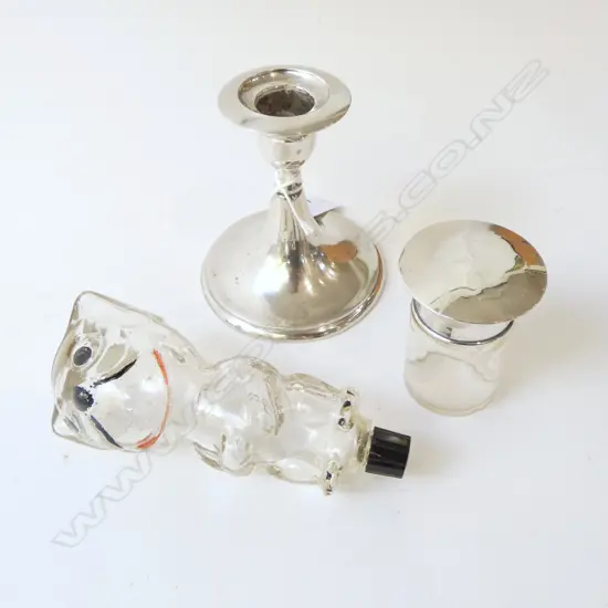 STG SILVER CANDLESTICK & LIDDED POT + BONZO PERFUME BOTTLE H.140mm