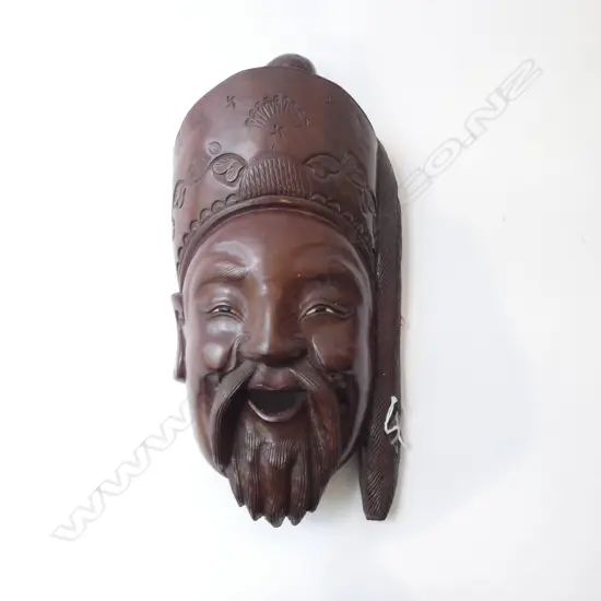 CHINESE HARDWOOD CARVED HAPPY FACED WALL MASK H380MM