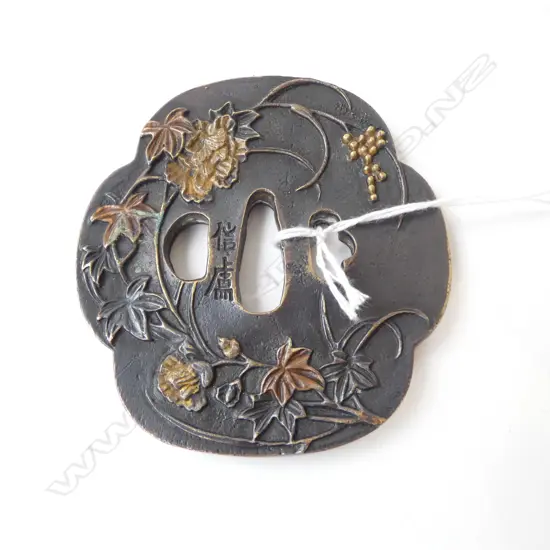 JAPANESE BRONZE TSUBA; Gilded floral motif, quatrefoil form, signed, W.85mm