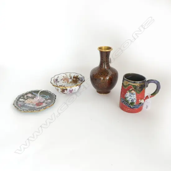 3 PCES CLOISONNE + SUMIDAGAWA H.130mm; VASE, BOWL & PLATE Dia.180mm