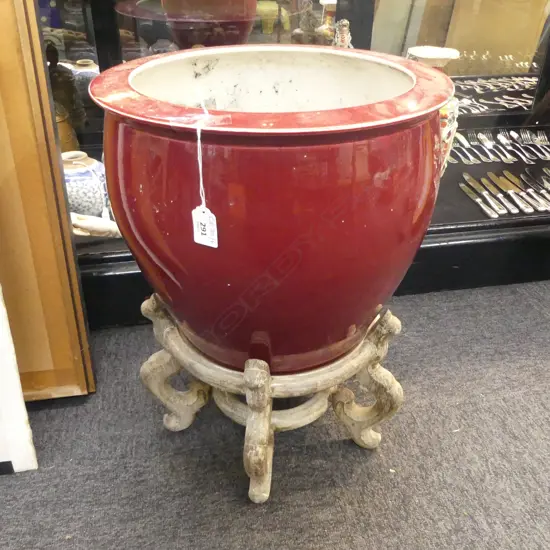 RED GLAZED PLANTER POT ON STAND H.490mm, 370mm dia