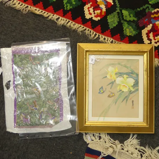 JAPANESE PAINTING on SILK, DAFFODILS & BUTTERFLIES 200 x 250mm & UNFRAMED SILK BUTTERLY EMBROIDERY 320 x 200mm