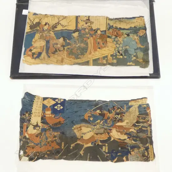 FOLIO 2 x VINTAGE JAPANESE WOODBLOCK PRINTS on FINE FABRIC 'Battle of Kawanakajima 1859' & OTHER 240 x 510mm (faults)